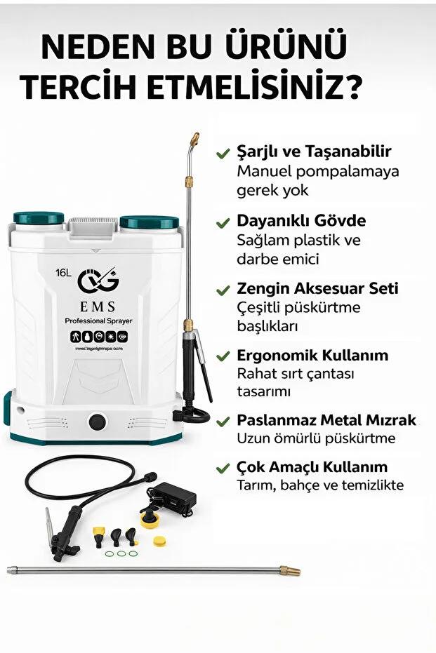 16 Lt Şarjlı Akülü Professional Sırt Tipi İlaçlama Pompası Makinası